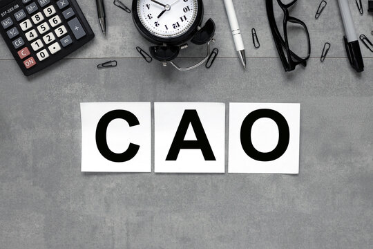 CAO. text on white stickers on gray marble background business concept