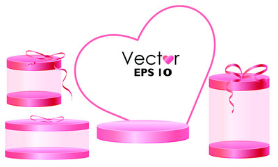 Set of  round pink gift box with a bow. Collection vector gift presents and  platform with heart frame