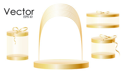 Set of golden gifts box. Collection vector gift presents and golden platform with frame