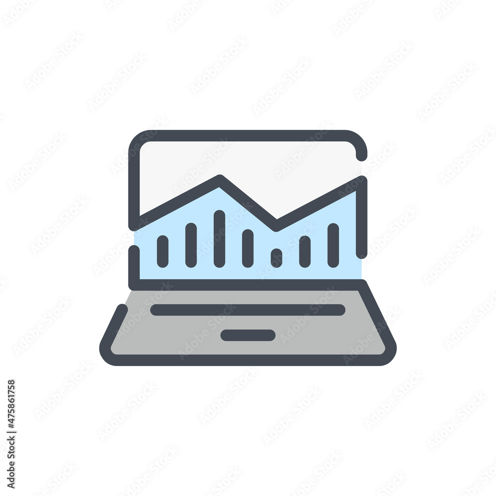 Poster online analytics color line icon. computer with chart report vector outline colorful sign.