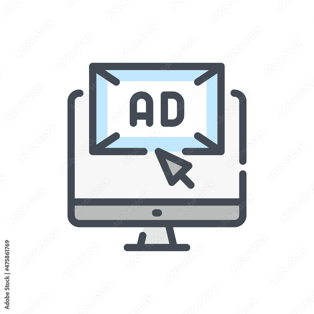 Poster online ad color line icon. computer with click arrow and advertisement page vector outline colorful 