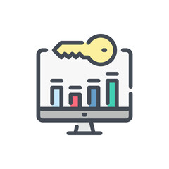 Keyword analytics color line icon. Computer with chart report and key vector outline colorful sign.
