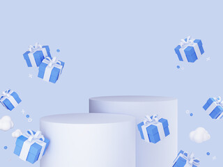 Banner template for promotion with gifts on background. Falling gift boxes and round stage platforms. Poster for sale. Mockup for advertising and marketing. 3D Rendering. Blue