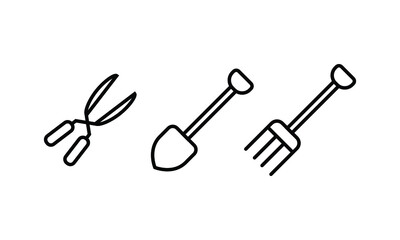 set of icon collection related to gardening tools and equipments. a plant shears, trowel, and fork. the editable stroke line for web icon interface or any design element.