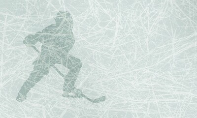 hockey player on light blue ice texture with stick