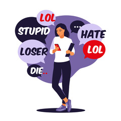 Bullying concept. Opinion and the pressure of society. Shame. Hands of people point to the girl. Non-confident woman. Vector. Flat