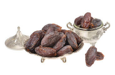 Beautiful bowl full of ripe  juicy dates,medjoul fruit, isolated on a white background.Food rich in antioxidants, superfruit rich in nutrients.
