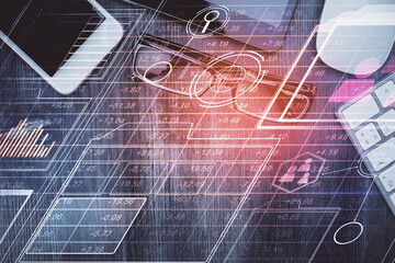 Multi exposure of technology theme drawing over work table desktop. Top view. Global data analysis concept.