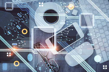 Multi exposure of technology theme drawing over work table desktop. Top view. Global data analysis concept.