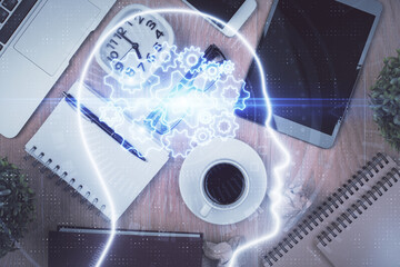 Multi exposure of brain drawing over work table desktop. Top view. Global data analysis concept.