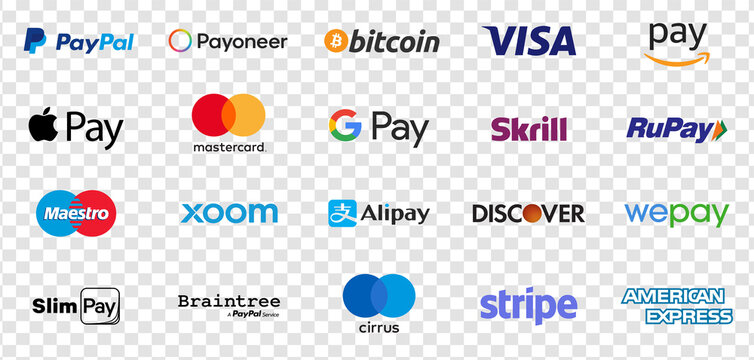 Online payment methods company logo icons set. Paypal, Visa, Payoneer Skrill, Stripe, Alipay, Apple Pay, Google, Amazon Pay, Amex, Bitcoin, Discover. E-commerce payment buttons. Stock vector.