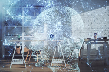 Multi exposure of brain drawing and office interior background. Concept of data technology.