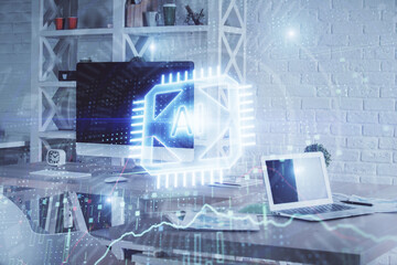 Multi exposure of data theme drawing and office interior background. Concept of technology.