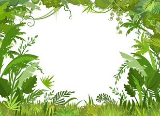 Fototapeta na wymiar Jungle frame. Green tropical trees, herbs and shrubs. Flat cartoon style. Green exotic landscape. Isolated on white background. In the foreground is a meadow. Vector.