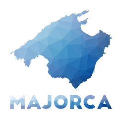 Low poly map of Majorca. Geometric illustration of the island. Majorca polygonal map. Technology, internet, network concept. Vector illustration.
