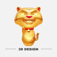 3D gold asian tiger. Happy chinses new year design. Lucky Cat Maneki Neko traditional symbol of fortune