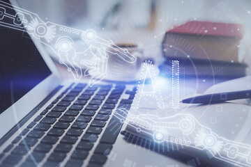 Double exposure of technology theme drawing and desktop with coffee and items on table background. Concept of data research.