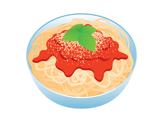 Spaghetti with tomato sauce, cheese and basil leaf icon vector. Bowl of spaghetti pasta icon isolated on a white background. Favorite italian food design element