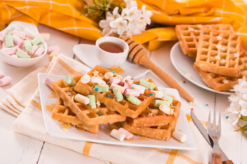 Waffles with colourful marshmallow.