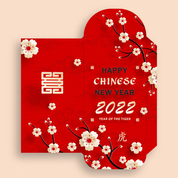 Chinese new year 2022 lucky red envelope money packet with gold paper cut art and craft style on red color background
