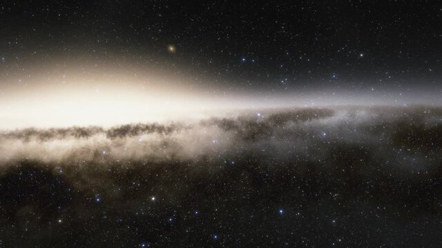 Spaceship flies at the speed of light through a galaxy in space. Billions of stars in the Milky Way or Andromeda galaxy. Highly detailed 4k cinematic animation of space
