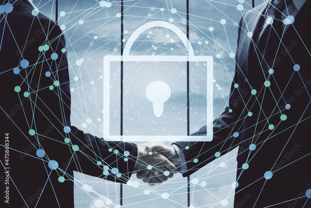 Poster double exposure of lock hologram and handshake of two men. partnership security concept.