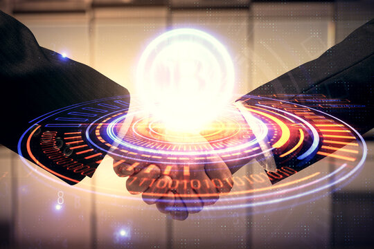 Double exposure of blockchain hologram and handshake of two men. Crypto business concept.