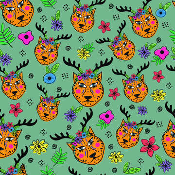 seamless pattern with tiger and flowers, Vector seamless pattern with tiger cartoon