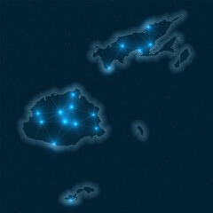 Fiji network map. Abstract geometric map of the country. Digital connections and telecommunication design. Glowing internet network. Modern vector illustration.
