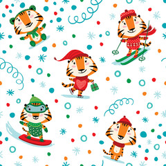 Christmas pattern with tigers, streamer and confetti for your design.