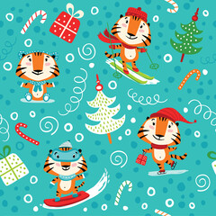 Christmas seamless pattern with tigers on a blue background.