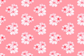 Seamless pattern with delicate flowers painted with watercolor on a pink background.