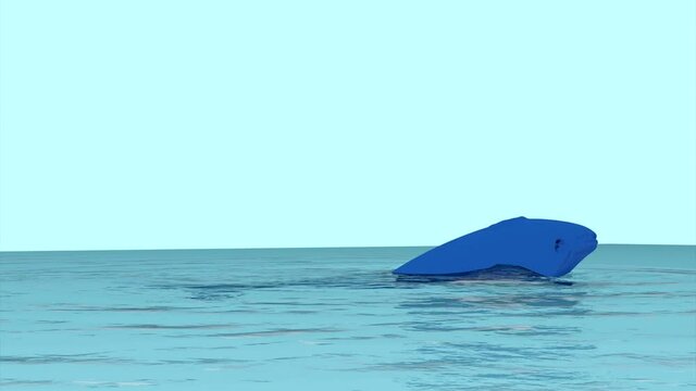 Modern animation art with a blue lonely whale swims in the ocean or sea. Design. Abstract sea creature diving and gliding out of water on blue horizon background.
