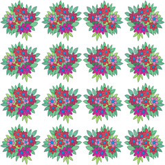 Bright, colored seamless pattern with bouquets of flowers painted with watercolors on a white background.