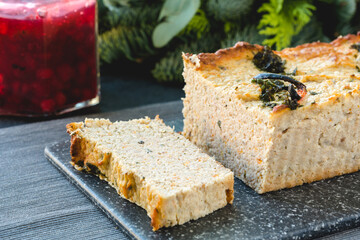 Homemade chicken and liver pate with cranberry sauce