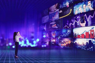Businesswoman using binoculars in metaverse