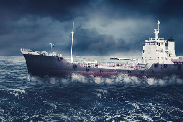 Cargo ship sailing on the storm sea