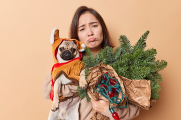 Upset Asian woman poses with favorite pet holds pug dog spruce branches and retro garland feels tired of New Year preparations looks displeased poses against beige background. Winter holidays