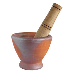 Clay mortar and wood pestle is a kitchenware object on white.