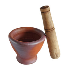 Clay mortar and wood pestle is a kitchenware object on white.