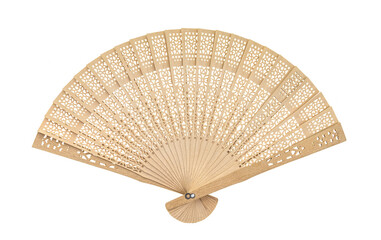 Wooden carve folding chinese style hand fan on white background.