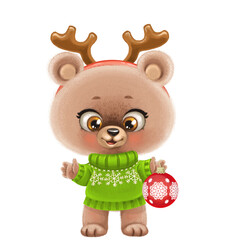 Cute cartoon baby bear in hoop with deer horns hold in paw red Christmas ball  
