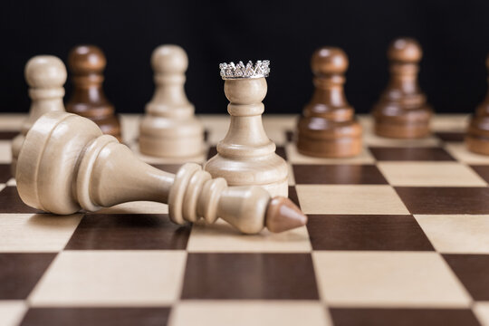 The white pawn in the crown with his team and the defeated white king.The concept of revolution, the fall of the dictatorial regime as a result of a coup, uprising, rebellion, coup d'etat