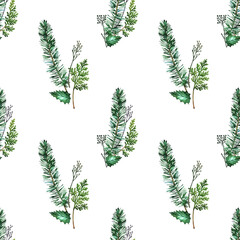 Watercolor Christmas pattern. Seamless background with folliage, fir tree, spruce branches, red holly berries, leaves. Wrapping paper, fabric texture