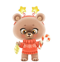 Cute cartoon baby bear in hoop with stars on head hold in pawscandy and christmas tree toy isolated on white background