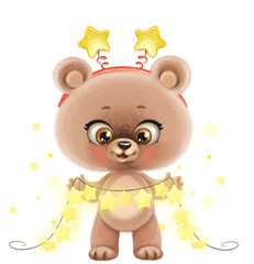 Cute cartoon baby bear in hoop with stars on head hold in paws garland with shining bulbs isolated on white background