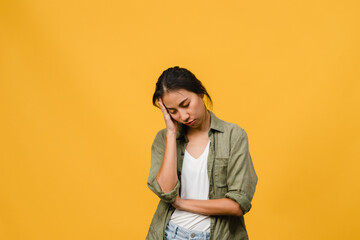 Portrait of young Asia lady with negative expression, excited screaming, crying emotional angry in...