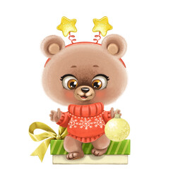 Cute cartoon baby bear in hoop with stars sit on gift box and hold in paw golden Christmas ball 
