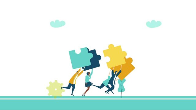usiness people, team creative people running with puzzle pieces. Working together, solving problems, help and support idea. 4K animation
