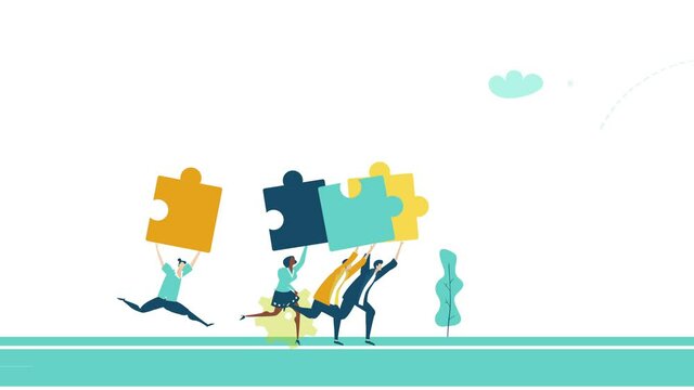 usiness people, team creative people running with puzzle pieces. Working together, solving problems, help and support idea. 4K animation